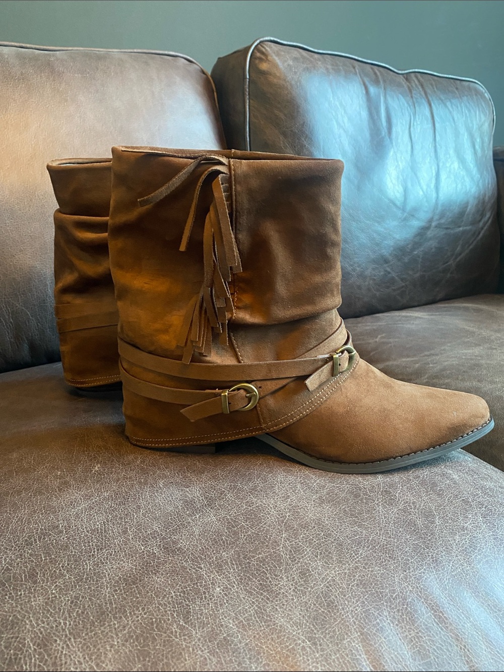 Women's Brown Faux Suede Fringe Ankle Booties with Wrap Straps - Picture 2 of 9